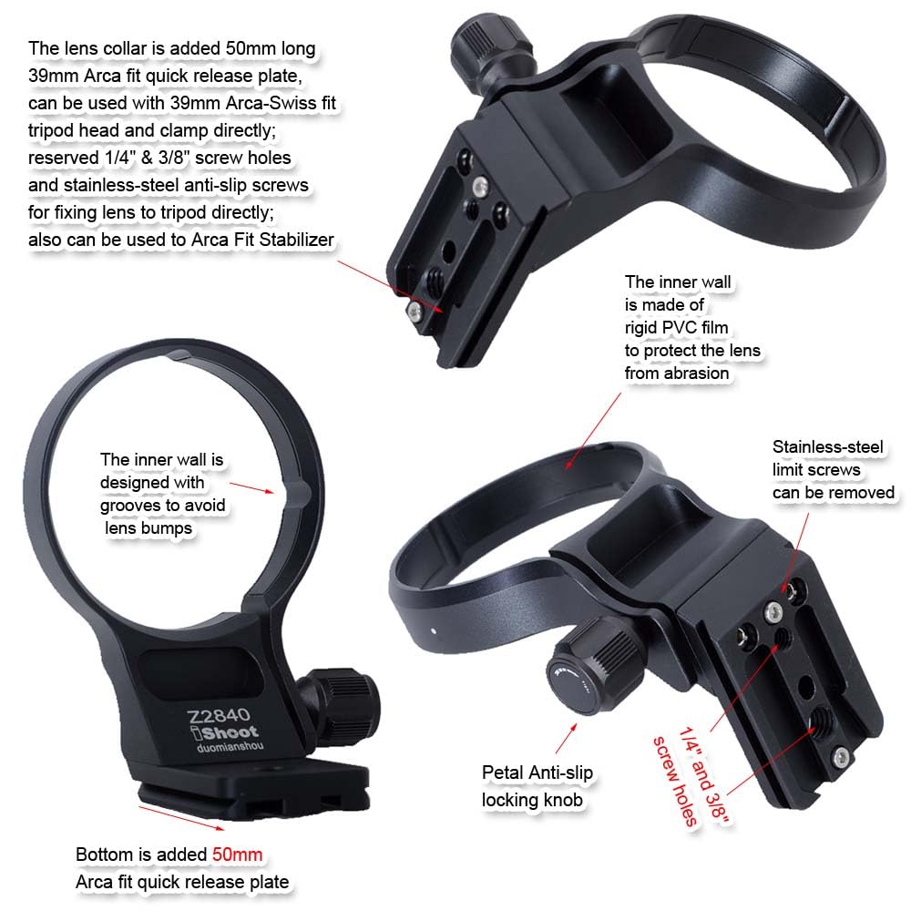 iShoot Tripod Mount Ring Lens Collar Compatible with Nikon Nikkor Z 70-180mm F2.8 & Z 28-400mm F4-8 VR, Support Vertical Shoot, Quick Release Plate