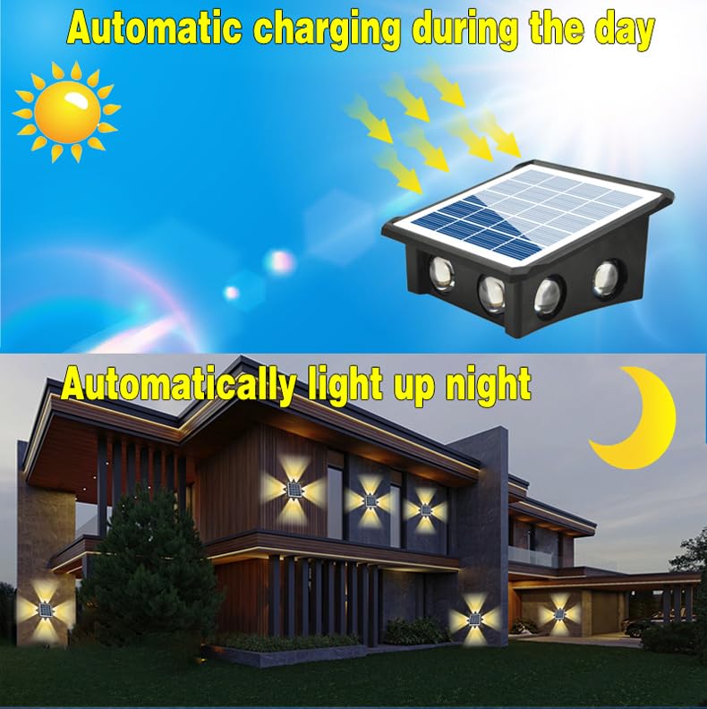 Solar Outdoor Lights, Up and Down Lighting, Waterproof IP65, Fence Light for Yard, Garden, Garage, Pools, Deck (8LED-Warm Light, 4PACK)