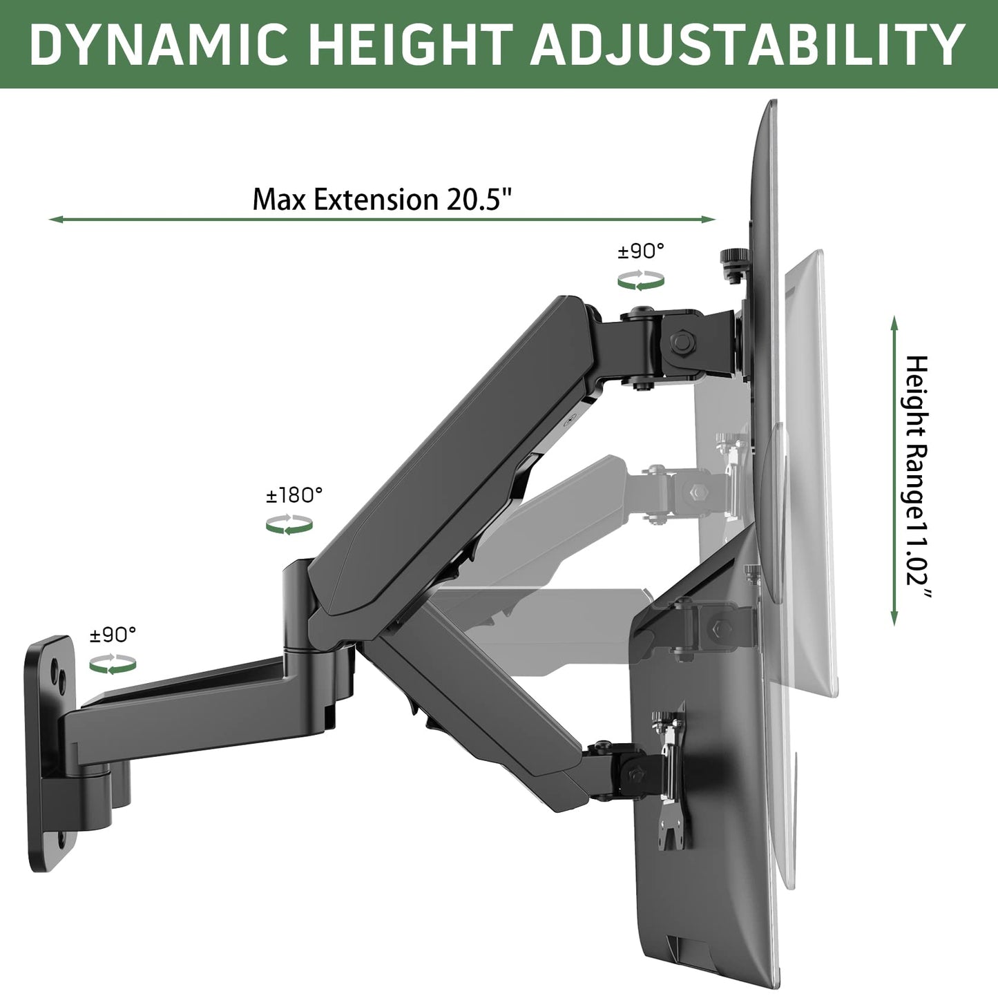 UPGRAVITY Dual Monitor Wall Mount, Double Monitor Wall Stand for Two 17-32 inch Flat Computer Screens, Height Adjustable Gas Spring Mounted Bracket