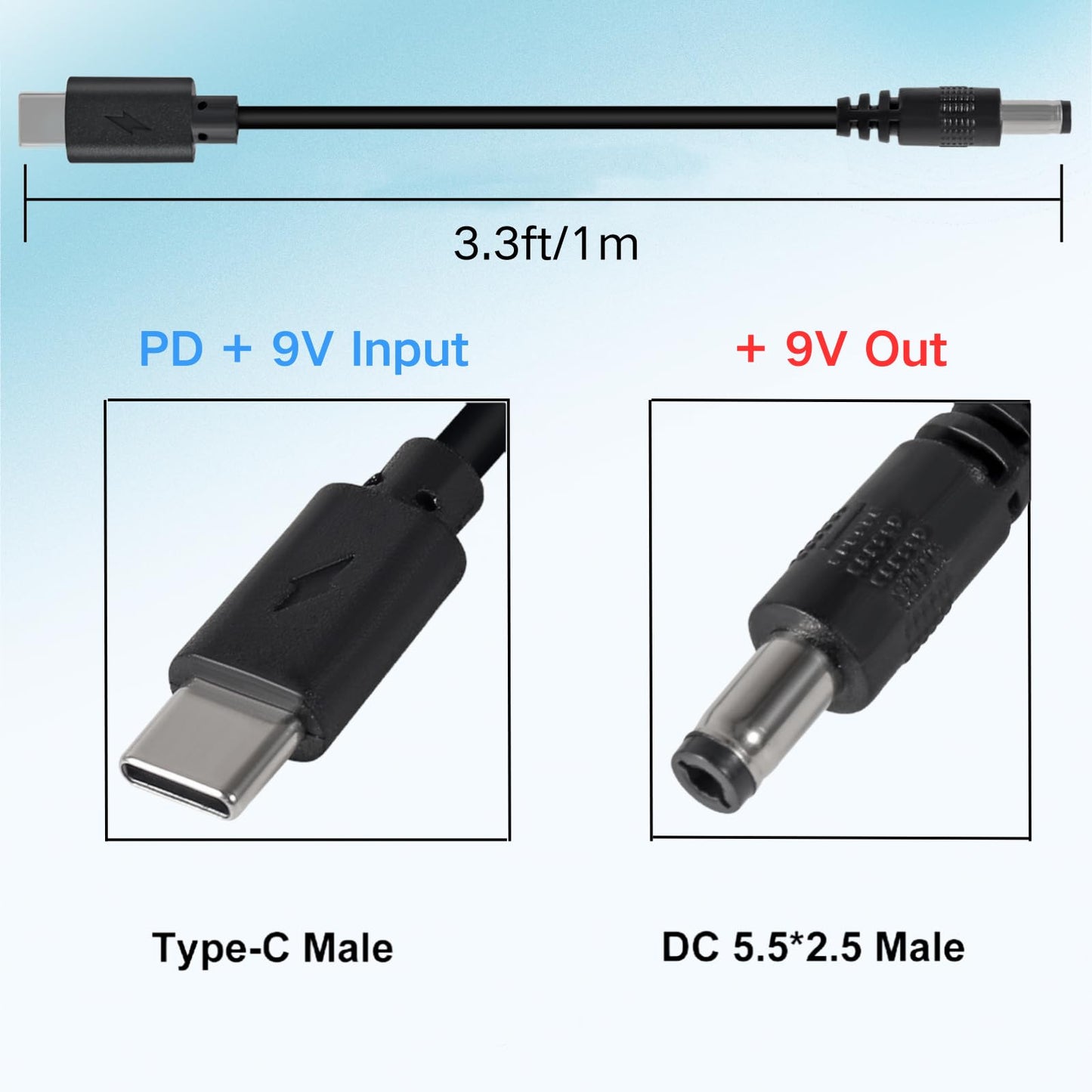MELIFE USB C to DC 9V Power Cord, Universal DC 5.5x2.5mm (Compatible with 5.5 x 2.1mm) Plug Jack Charging Cable with 13 Connector Tips, 3.3ft USB C