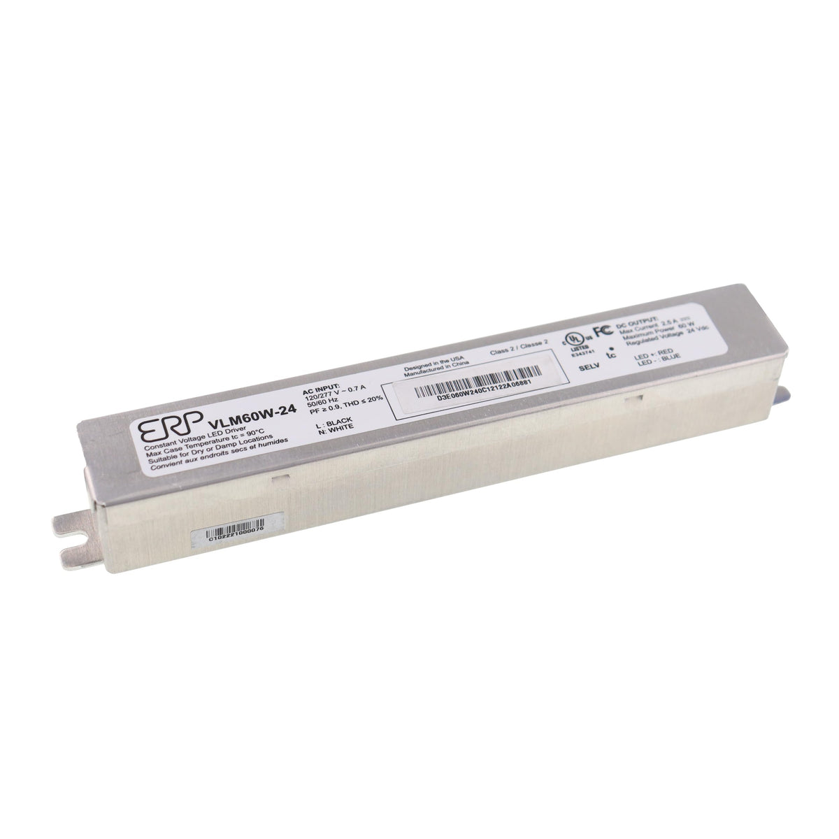 VLM60W-24 CV LED Power Supply 60W 24V 0.05-2.5A, IP20 Aluminum Case, 5.12 x 0.78 x 0.78 in, Very high Power Density of 20 W/in3, 90% eff., 120-277 Vac