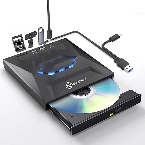 MICROFUTURE Slim Portable DVD Burner, USB 3.0/Type-C Dual Interface, Plug & Play for Laptop/Mac/PC - SD/TF Card Reader, Anti-Vibration & High-Speed