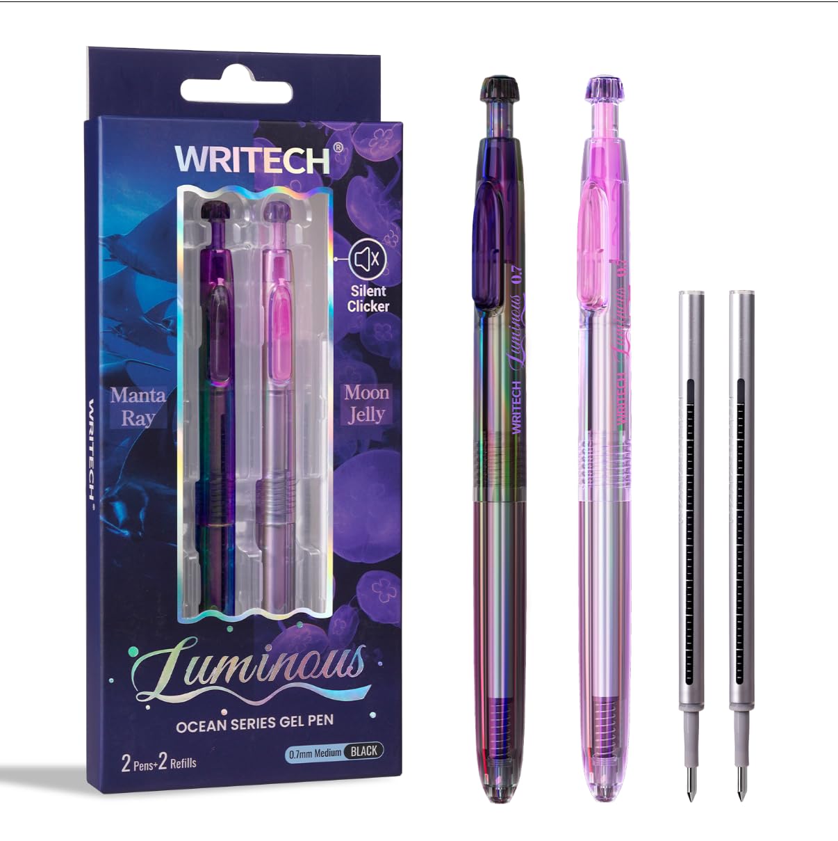 WRITECH Gel Pens Medium Point: Luminous pen set 0.7mm, Black Ink, Includes 2 Pens and 2 Refills, Silent Clicker, Smooth Writing for School Office
