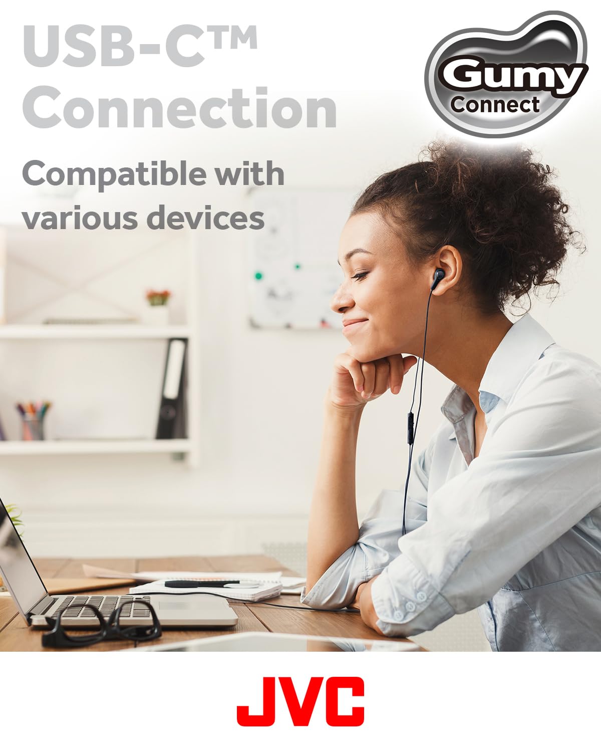 JVC Gumy Connect USB-C Wired Earbuds Headphones, Delay-Free for Videos and Gaming, Built-in DAC Reduces Noise and Improves Sound Quality, 9.2 mm