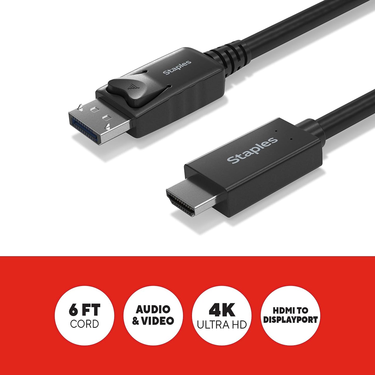 Staples TECH 6 ft. Display Port to HDMI Audio/Video Cable, Male to Male, Black (ST62466)