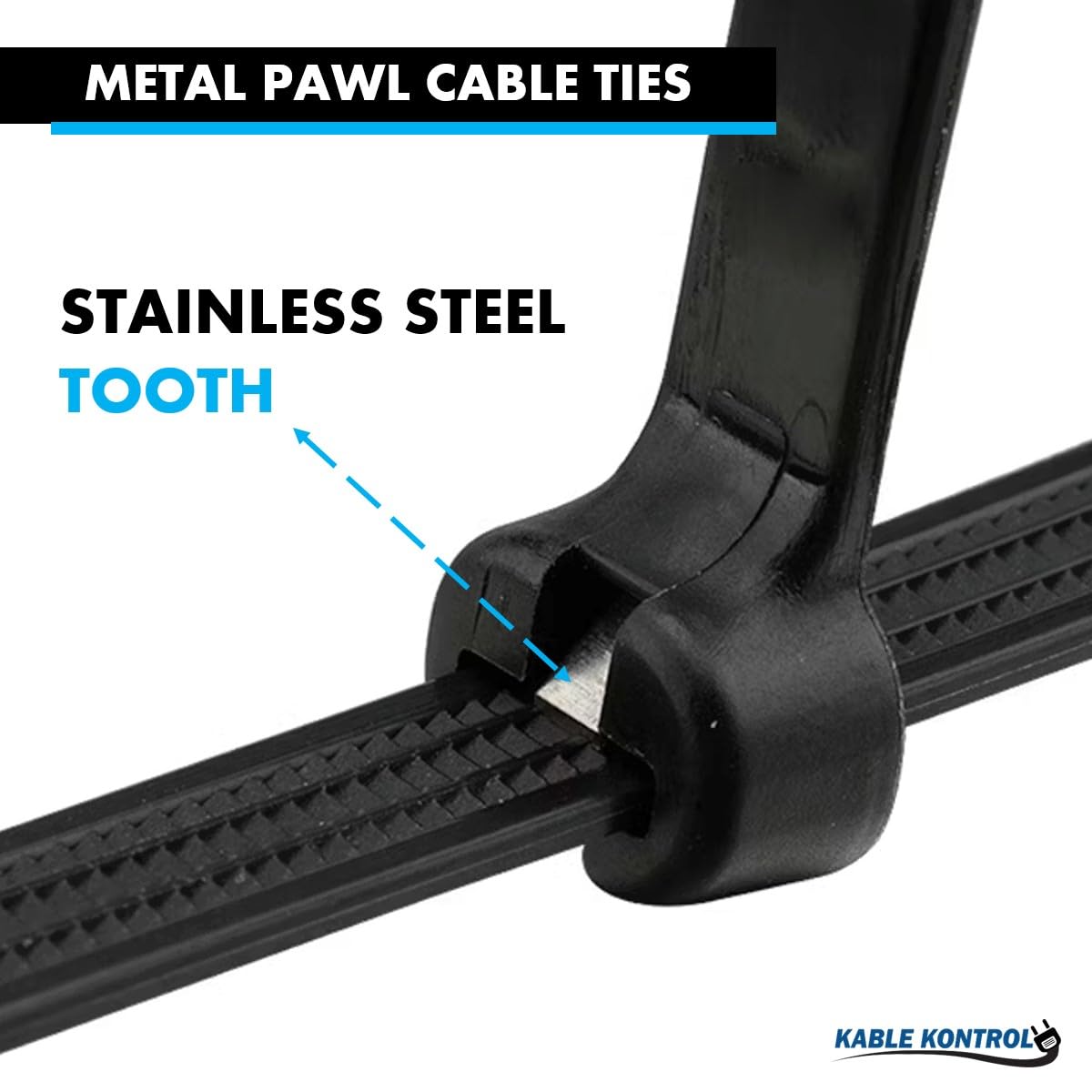 Kable Kontrol Cable Ties with Metal Tooth, 11 Inch 100 Pcs, 120 Lbs Tensile Strength, Metal Pawl, Stainless Steel Toothed Self-Locking Device, UV