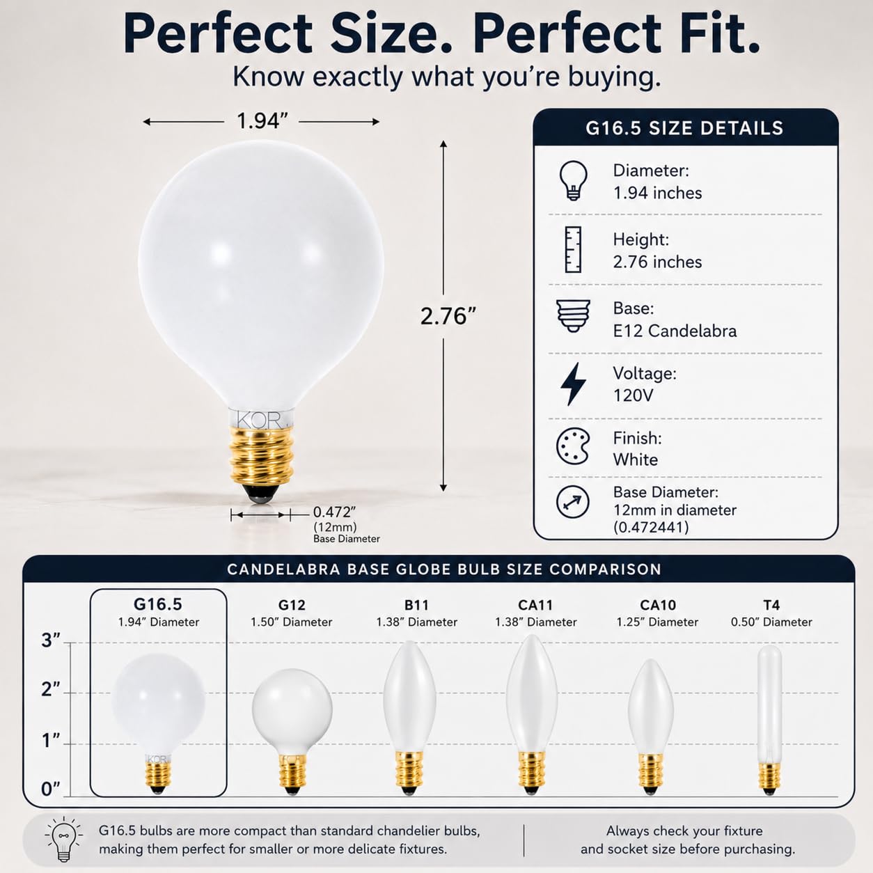 KOR G16.5 White Incandescent Globe Bulbs, 25W, E12 Candelabra Base, 10-Pack