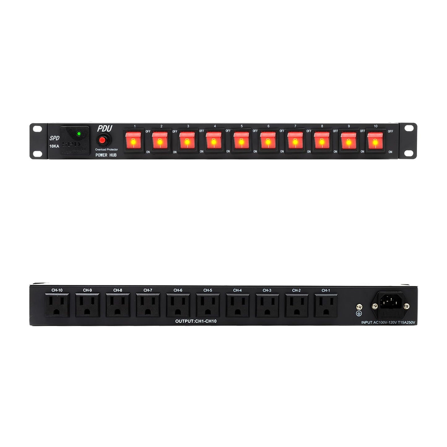 ThePoEstore 10 Outlets 1U Horizontal PDU Network Rackmount Power Strip with Surge Protector, (SPD-10KA) 100-240V,15A 3600 Joules, w/10 LED Switches
