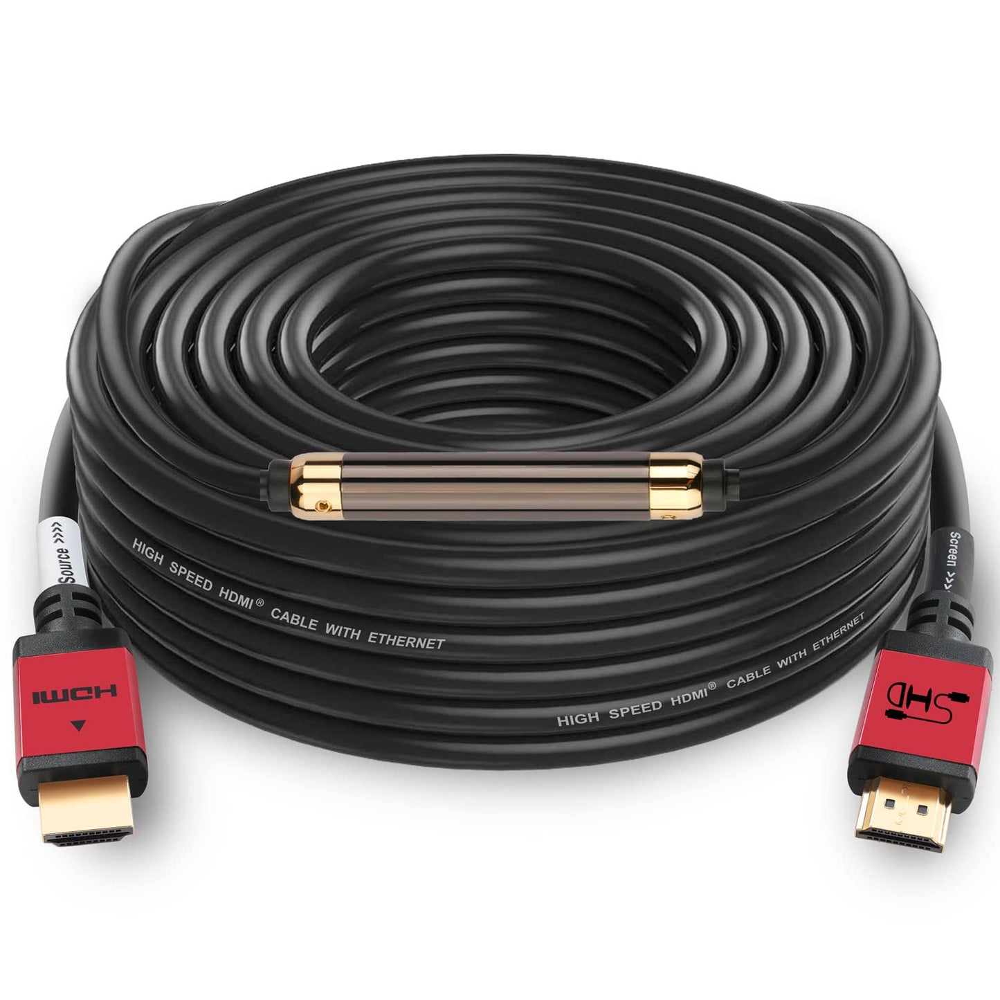 SHD 75 Feet HDMI Cable with Signal Booster, 75' HDMI Cord 2.0V Support 4K 3D 1080P for in-Wall Installation CL3 Rated Black Cable and Red Metal Shell