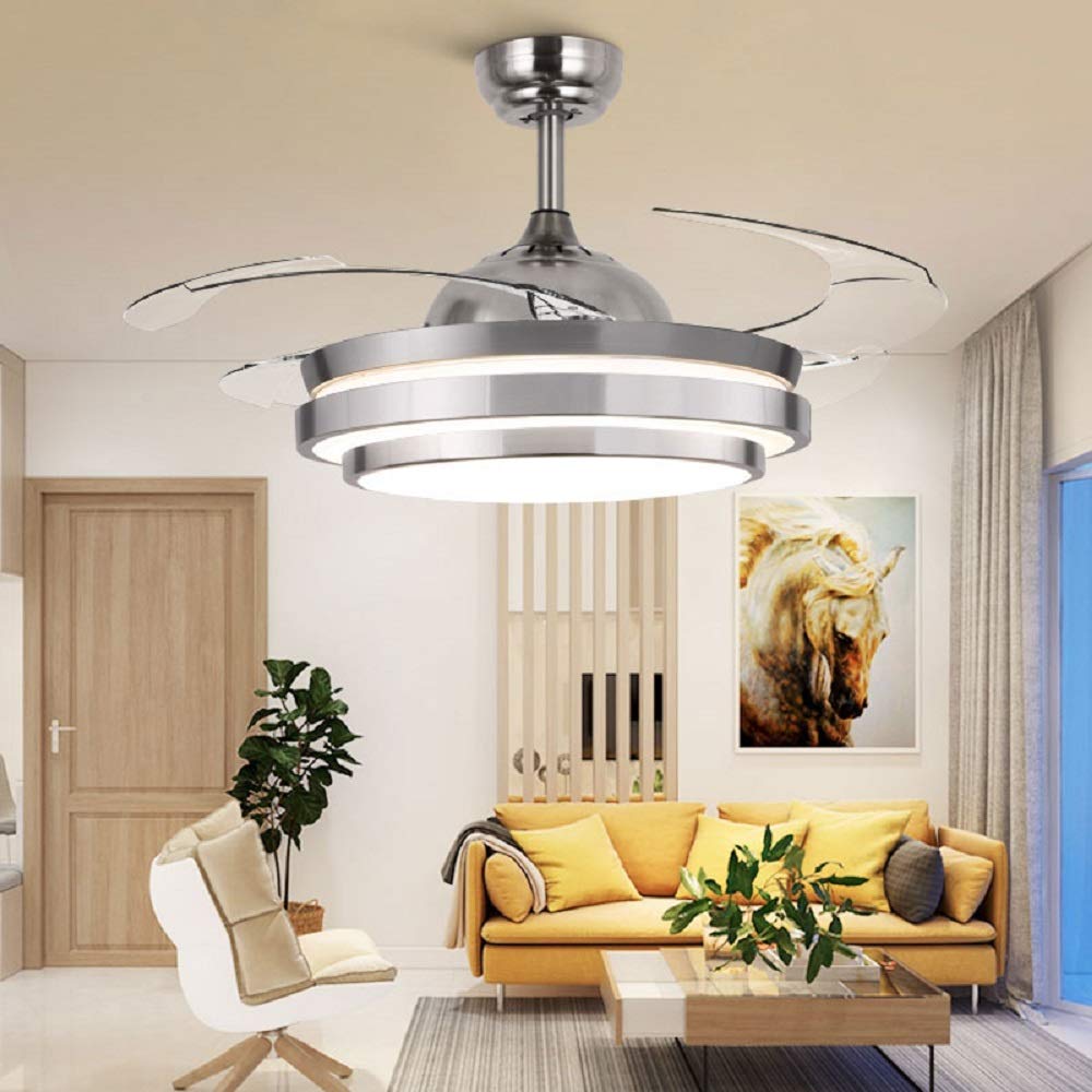 WUPYI 42 Inch Fan Ceiling Light,Invisible Ceiling Fan with Light and Remote Control,LED Three-Color Lights Retractable Blades Chandelier Fan