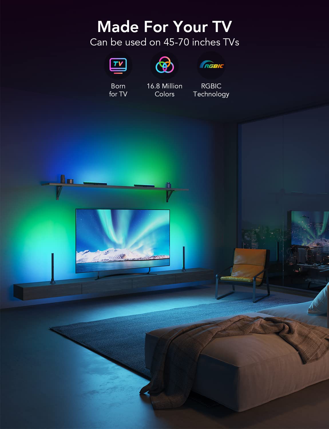 Govee RGBIC Light Bars, 15 Inches WiFi TV Backlight Suitable for 45-70 inch TVs, Smart Light Bars with Multiple Placement Options, Work with Alexa