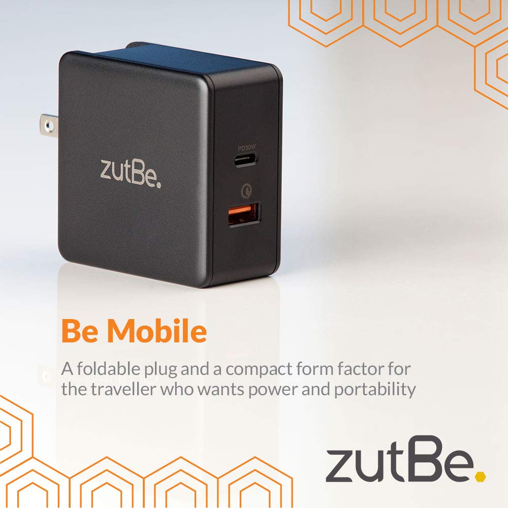 zutBe USB-C PD and USB-A QC 3.0, 48W Foldable Travel Charger for iPhone15 14 13 12 Pro ProMAx iPad Pro Pixel Samsung Galaxy S10 S20 Tab Switch [Be