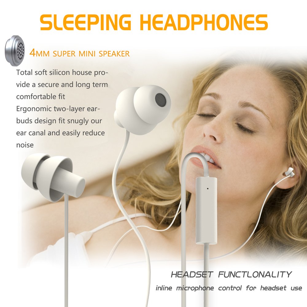 MAXROCK Unique Total Soft Silicon Sleeping Headphones Earplugs Earbuds with Mic for Cellphones, Tablets and 3.5 mm Jack Plug (White)