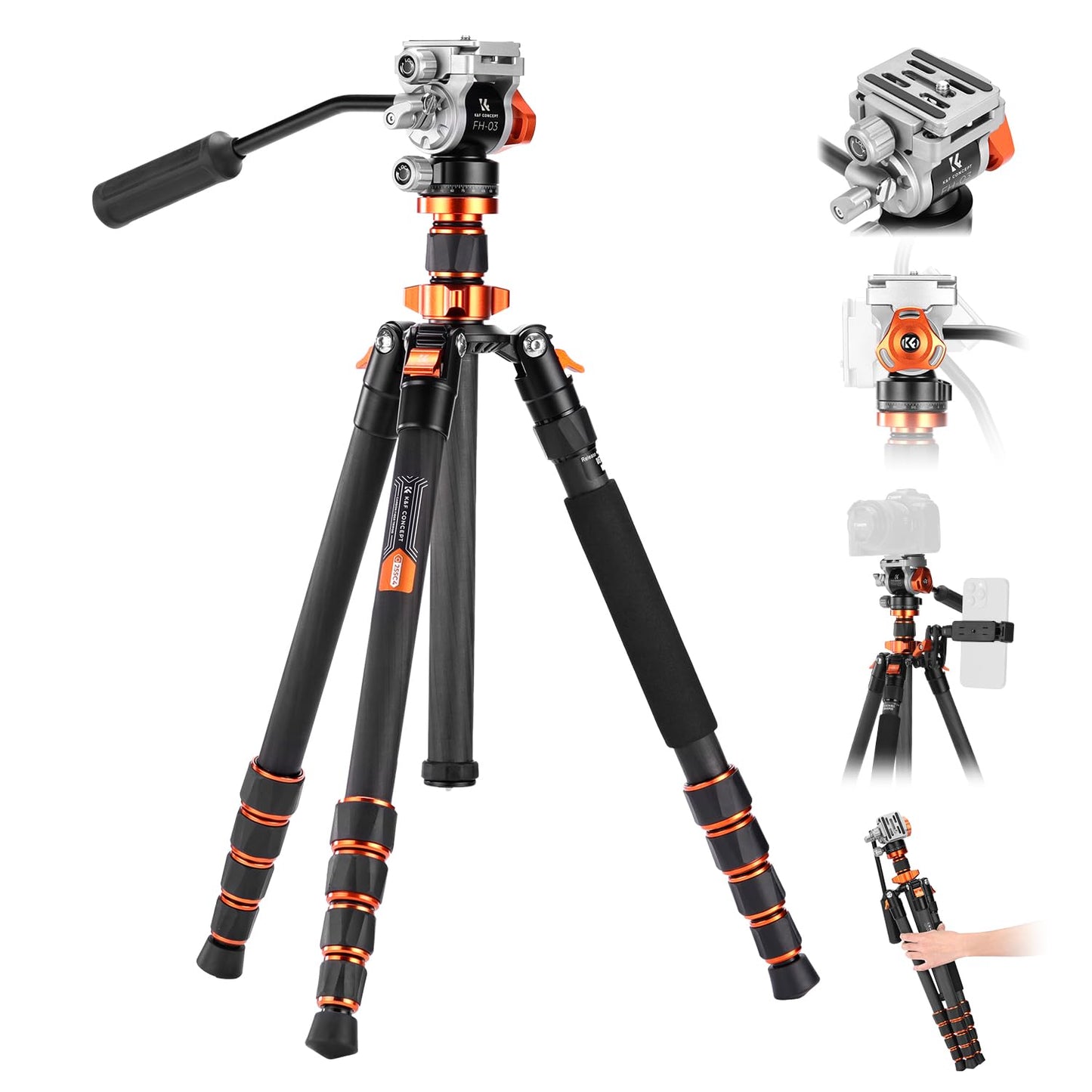 K&F CONCEPT Tripod for Camera?68'' Carbon Fiber Tripod with Fluid Head Max Load 11lb, Lightweight DSLR Camera Tripods & Monopods for Canon Sony Nikon.