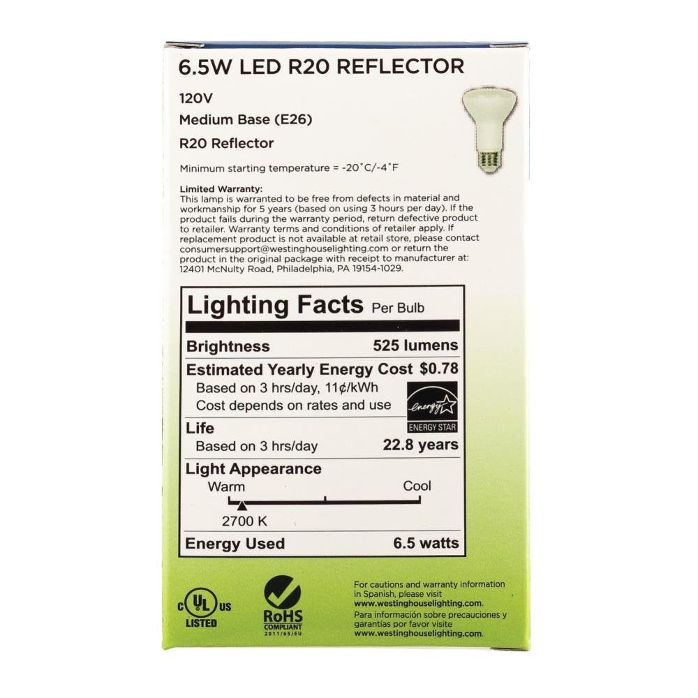 Westinghouse Lighting 5305020 50W Equivalent R20 Flood Dimmable Soft White Led Energy Star Light Bulb with Medium Base (6 Pack)