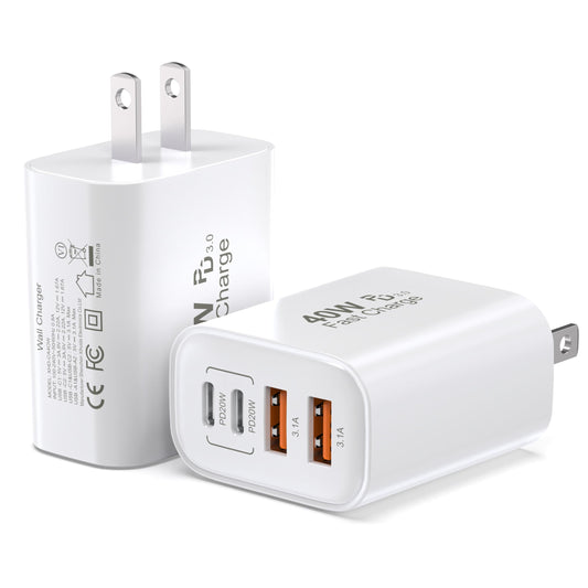 TT&C 40W USB C Charger Block 2-Pack, 4-Port Fast Charging Block (2 USB-C + 2 USB-A), Compact Multi-Device Wall Plug Adapter for iPhone 17,16,15,14,13
