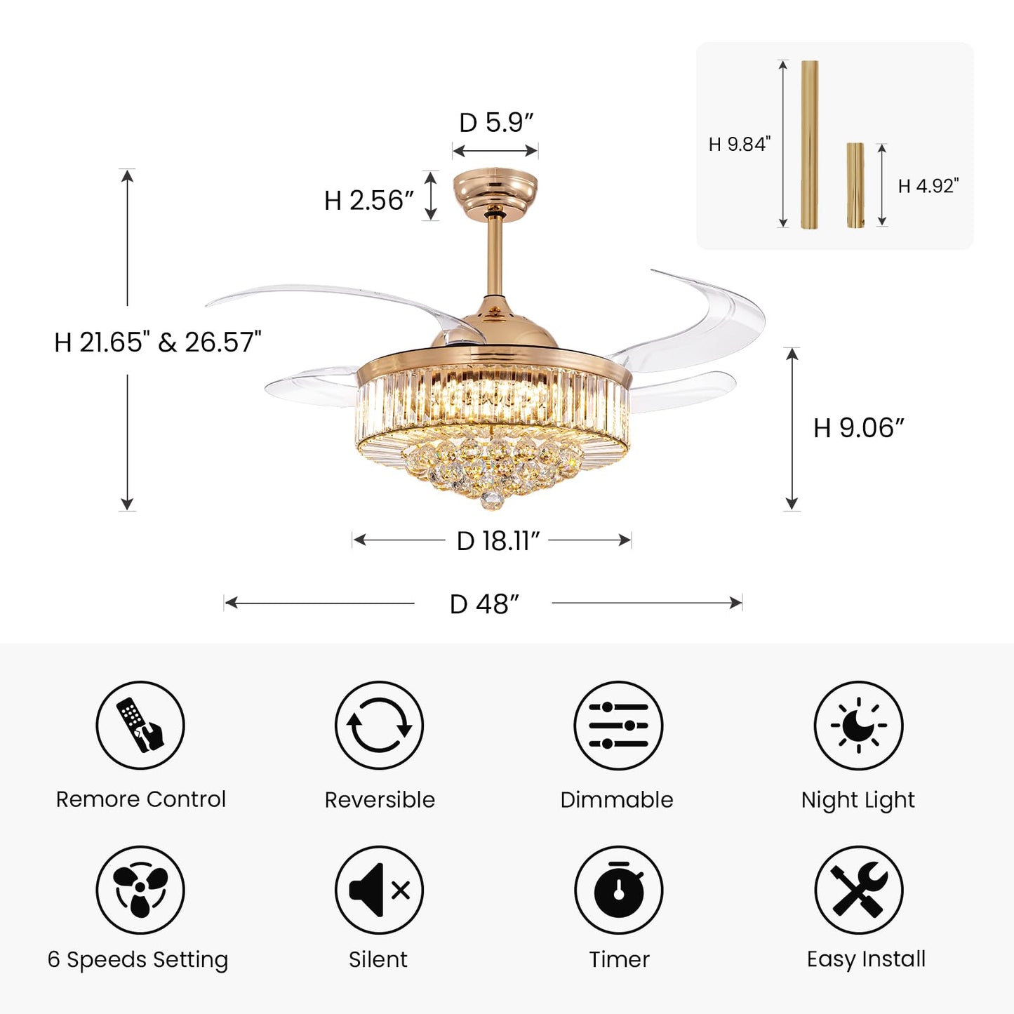 CROSSIO 48" Modern Gold Crystal Ceiling Fan with Light and Remote Crystal Fandelier LED Dimmable Chandelier Fan with Invisible Reversible Fan Blades