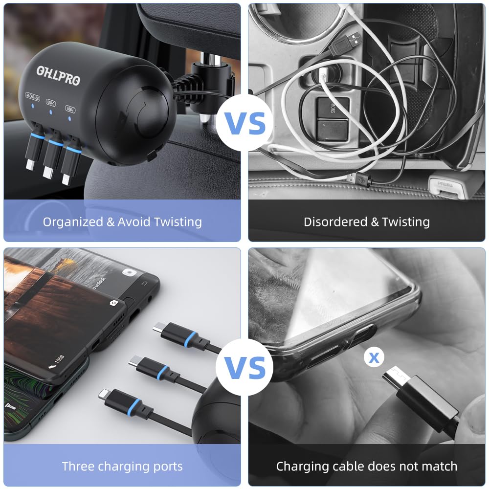 OHLPRO Multi Car Retractable Backseat 3 in 1 Car Charging Station Box Compatible with All Phones | iPhone | Samsung | Uber Taxi Lyft Turo Ride Share