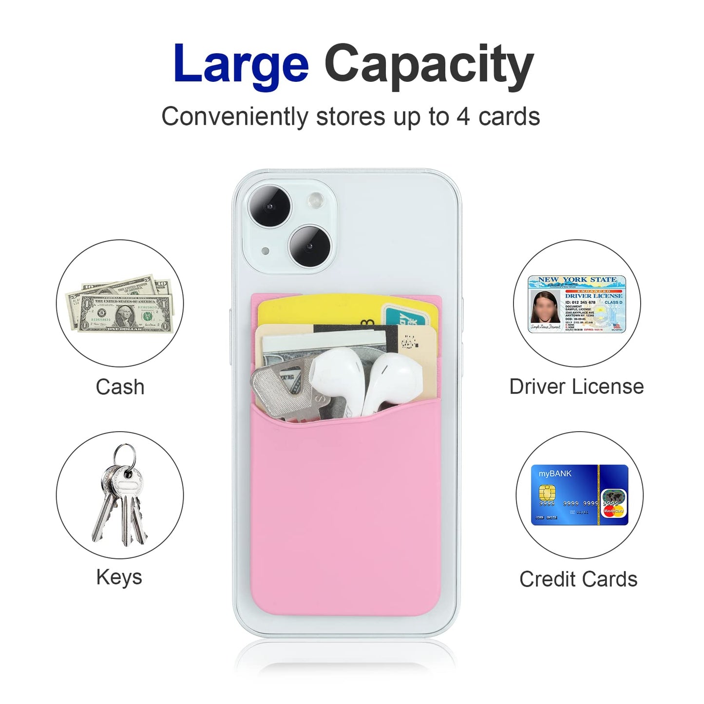 Zemexy 2Pack Phone Wallet,Silicone Credit Card Holder Stick on Double Pocket for Back of Cell Phone case-Sky Blue,Pink