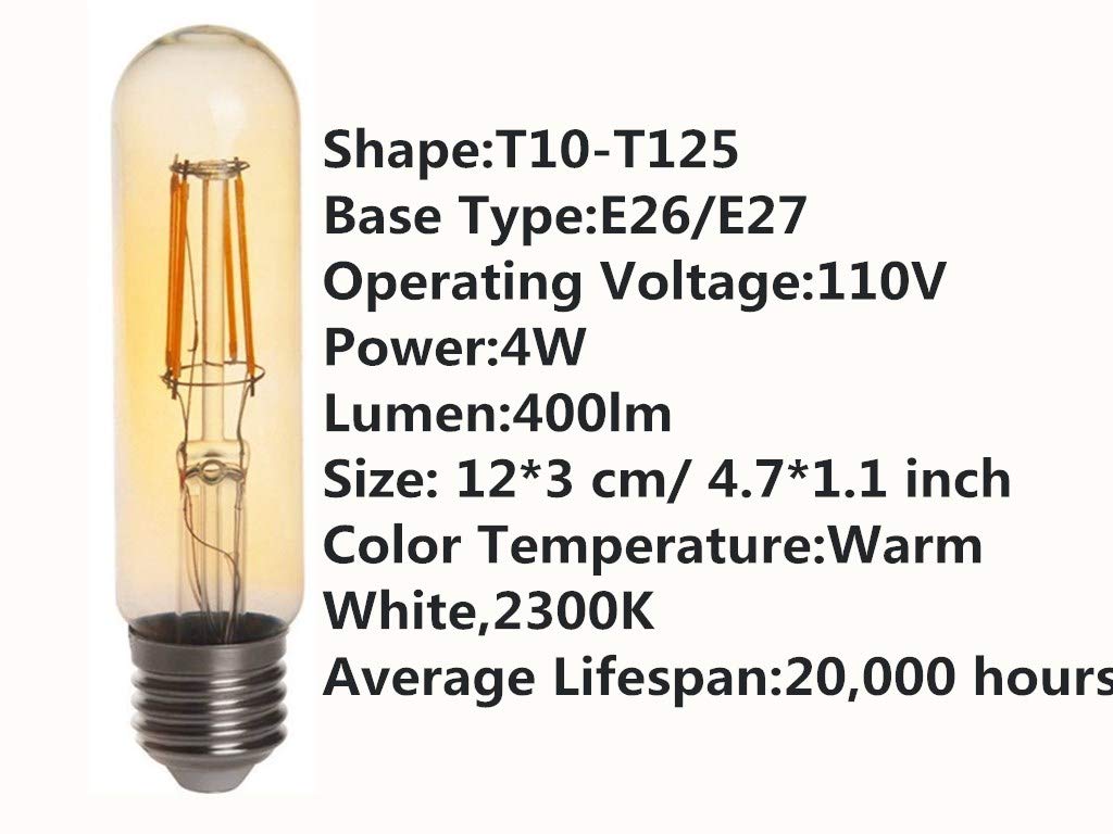 Vintage Edison LED Bulb T10/T125 LED Bulbs 4W Antique COB Tubular Filament LED Bulb Tubular Edison Style LED Filament Bulb T10,Dimmable,E26/E27