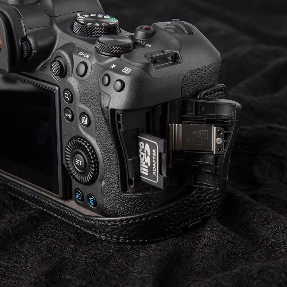 DBZZ R6II Vintage Genuine Leather Camera Case for Canon EOS R6 Mark II Handmade Half-Wrap Camera Protector Cover (Black)