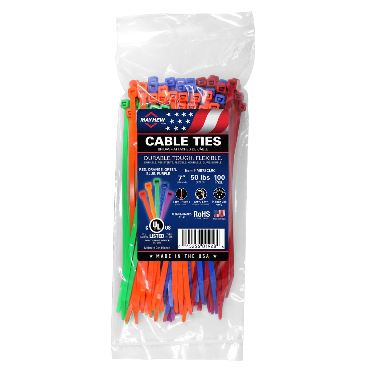 7" 50 lb Cable Ties Color Assortment 100/bag