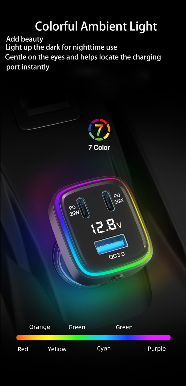 61W Super Fast Charging,Car Charger, 3-Port Cigarette Lighter Adapter, PD 35W & 25W USB C, QC 3.0 USB-A, 12V-24V, Voltage Display, 9-Layer Safety