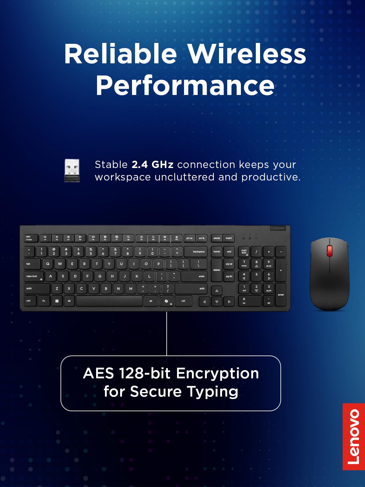 Lenovo Essential Wireless Combo Keyboard & Mouse Gen 2 US English, 2.4 GHz Wireless USB Connection, AES-128 Encryption for the Keyboard, Full-Size