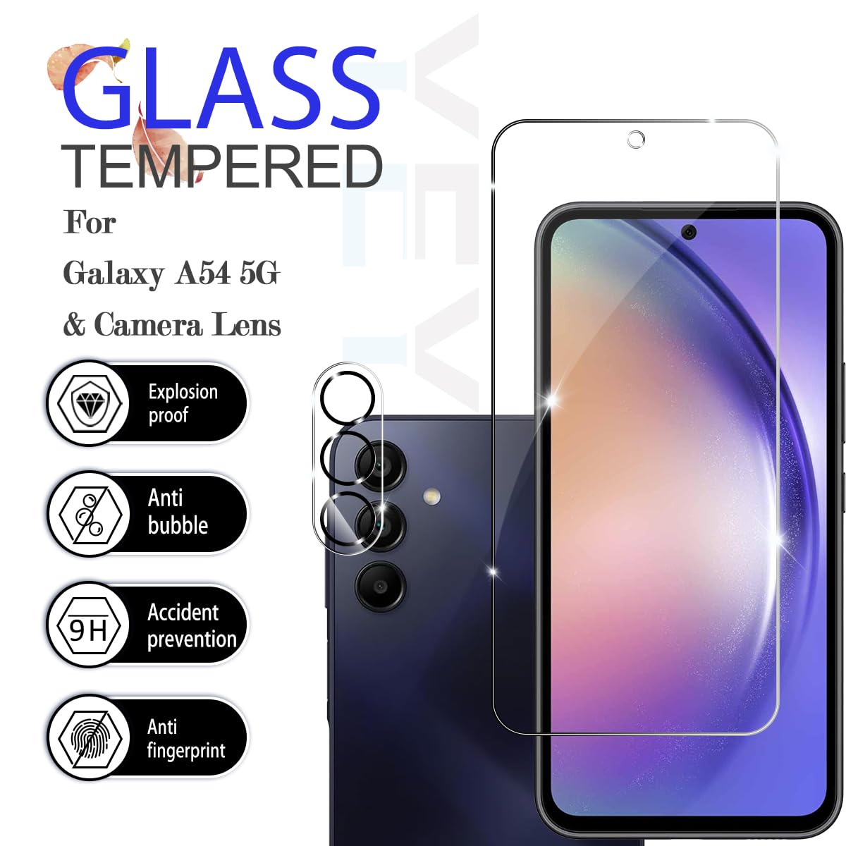 YEYEBF Galaxy A54 HD Clear Tempered Glass Screen Protector + Camera Lens Protectors, [2+2 Pack] [3D Glass] [Anti-Glare] [Bubble-Free] Screen Protector