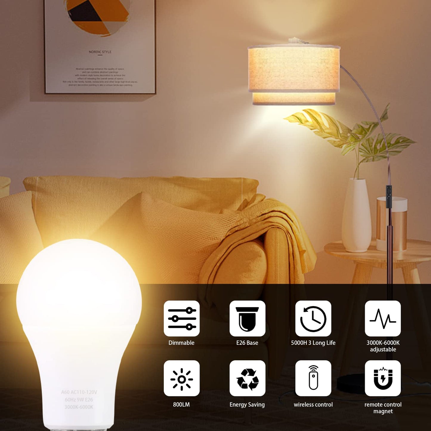 MXhme A19 LED Light Bulbs with Remote Control, 800LM 9W, 60W Equivalent LED Bulbs,Stepless Dimmable 3000K-6000K,E26 Base,CRI 80+,2.4GHz,25000+ Hours