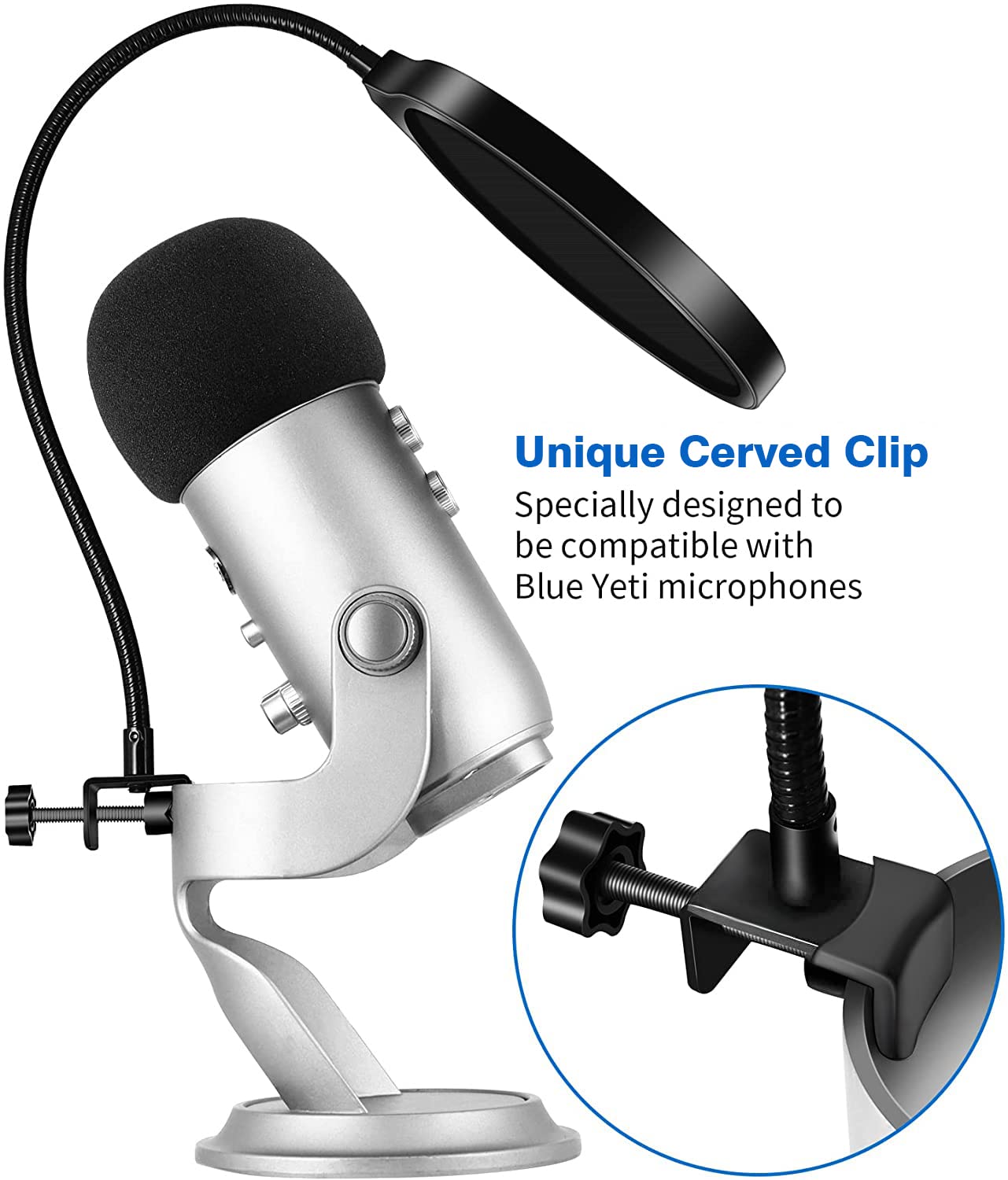 Etour Yeti Microphone Pop Filter with Foam Windscreen [Custom Built for Blue Yeti Mic] 5.8 inch Diam 2 Layers high Density Pop Filter for Mic Cover