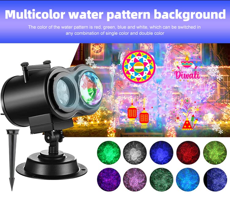 Holiday Halloween Valentine Party Christmas Diwali Projector Light (Indoor, Outdoor, Splashproof IP44), 16 Slides (4 Pictures Each), 10 Wave Effects