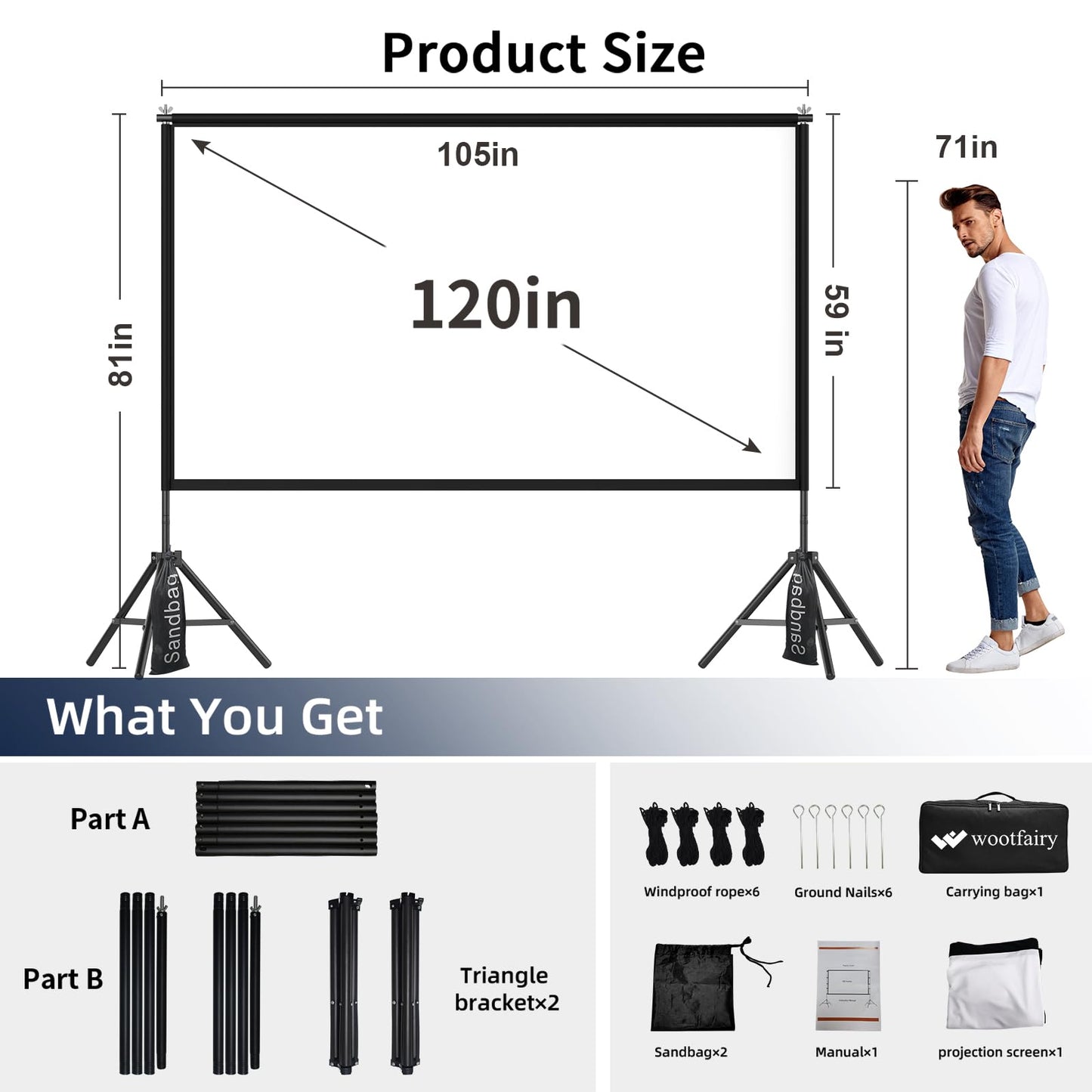 Projector Screen with Stand, Wootfairy 120 inch Portable and Foldable Indoor Outdoor Projection Screen 16:9 4K HD Rear Front Wrinkle-Free Movie Screen