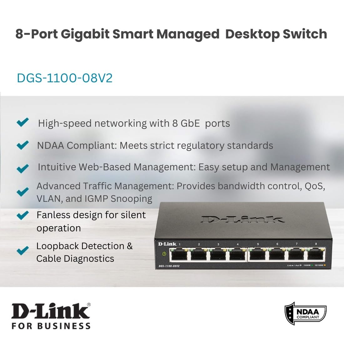 D-Link Ethernet Switch, 8 Port Smart Managed Gigabit Desktop EEE Network Internet (DGS-1100-08V2)