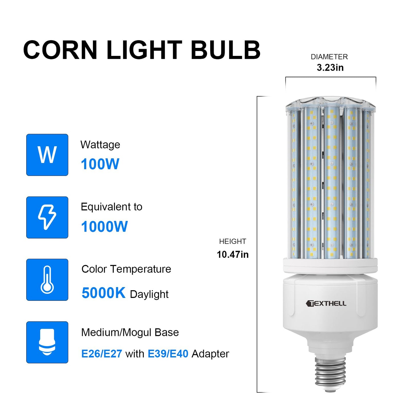 TEXTHELL Led Corn Light Bulb 100W 15000LM Bright 5000K Led Bulb E26/E39 Base 1000W Equivalent Metal Halide HID CFL for Indoor Outdoor Lighting