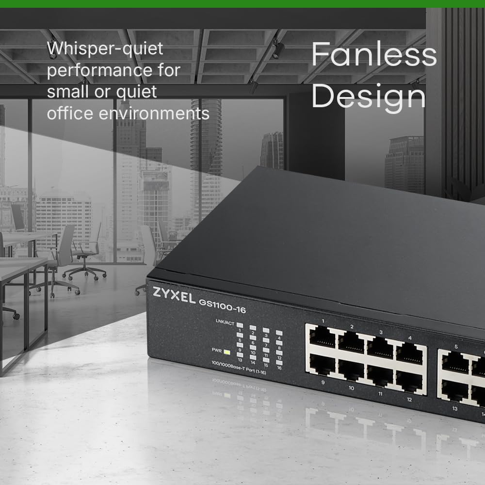 Zyxel 16 Port Network Switch | Unmanaged Gigabit Ethernet Splitter | 16x GbE Ports | Fanless Design | Plug and Play Easy Installation | Wall and Rack
