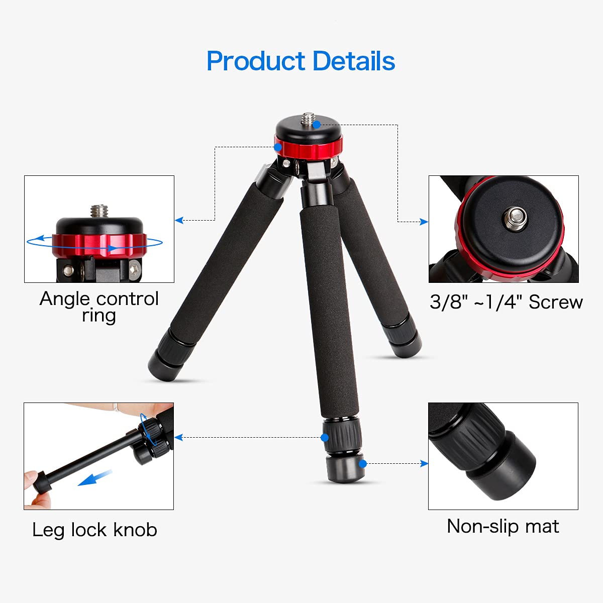 Koolehaoda Camera Mini Tripod Table Stand Desktop Compact Tripod with 1/4" and 3/8" Screw Mount Compatible with DSLR Camera, Monopods, Tripod Head