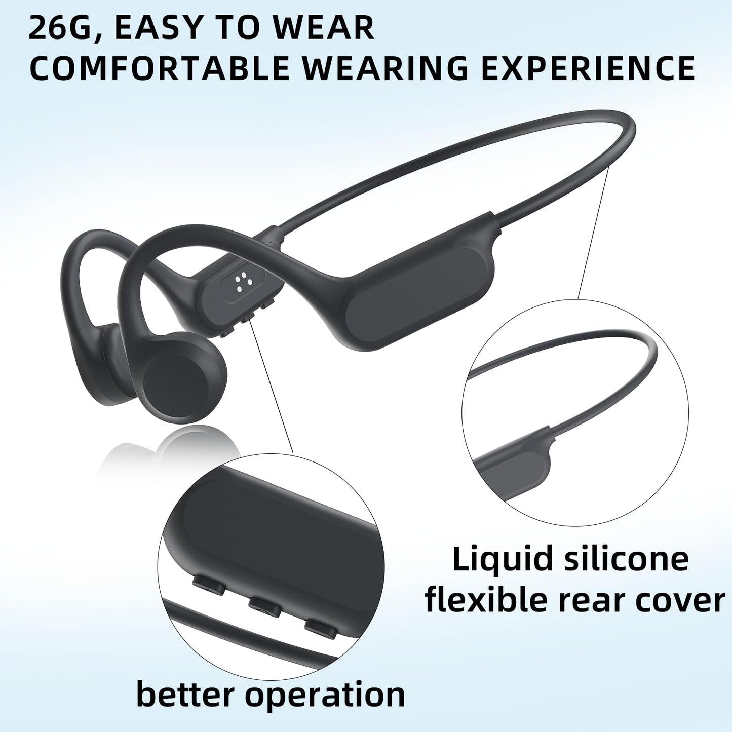 Sports bone conduction headphones, 6.0, wireless open-air headphones, with microphone, battery life up to 15 hours, IP68 waterproof rating, suitable