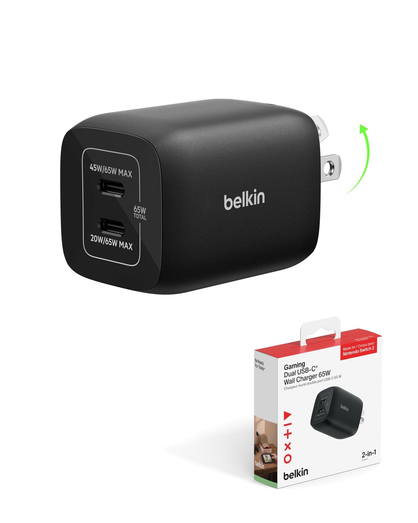 Belkin Gaming Dual USB C Charger Block for Nintendo Switch 2 and Pro Controller w/ 65W GaN Fast Charging - Apple iPhone 17, iPad, MacBook, AirPods