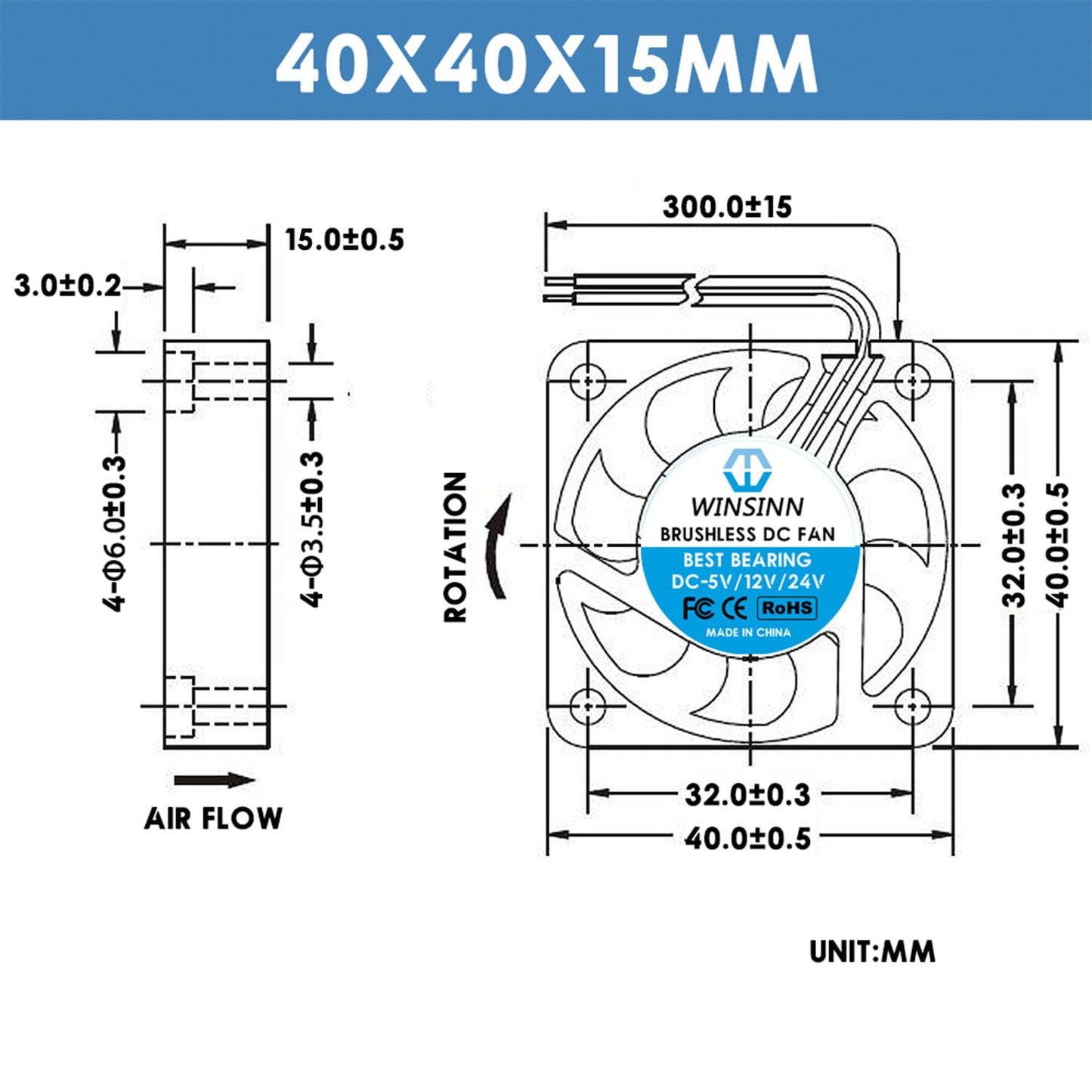WINSINN DC 40mm Fan 24V 4015 Dual Ball Bearing Brushless Cooling 40x15mm 2PIN (Pack of 2Pcs)