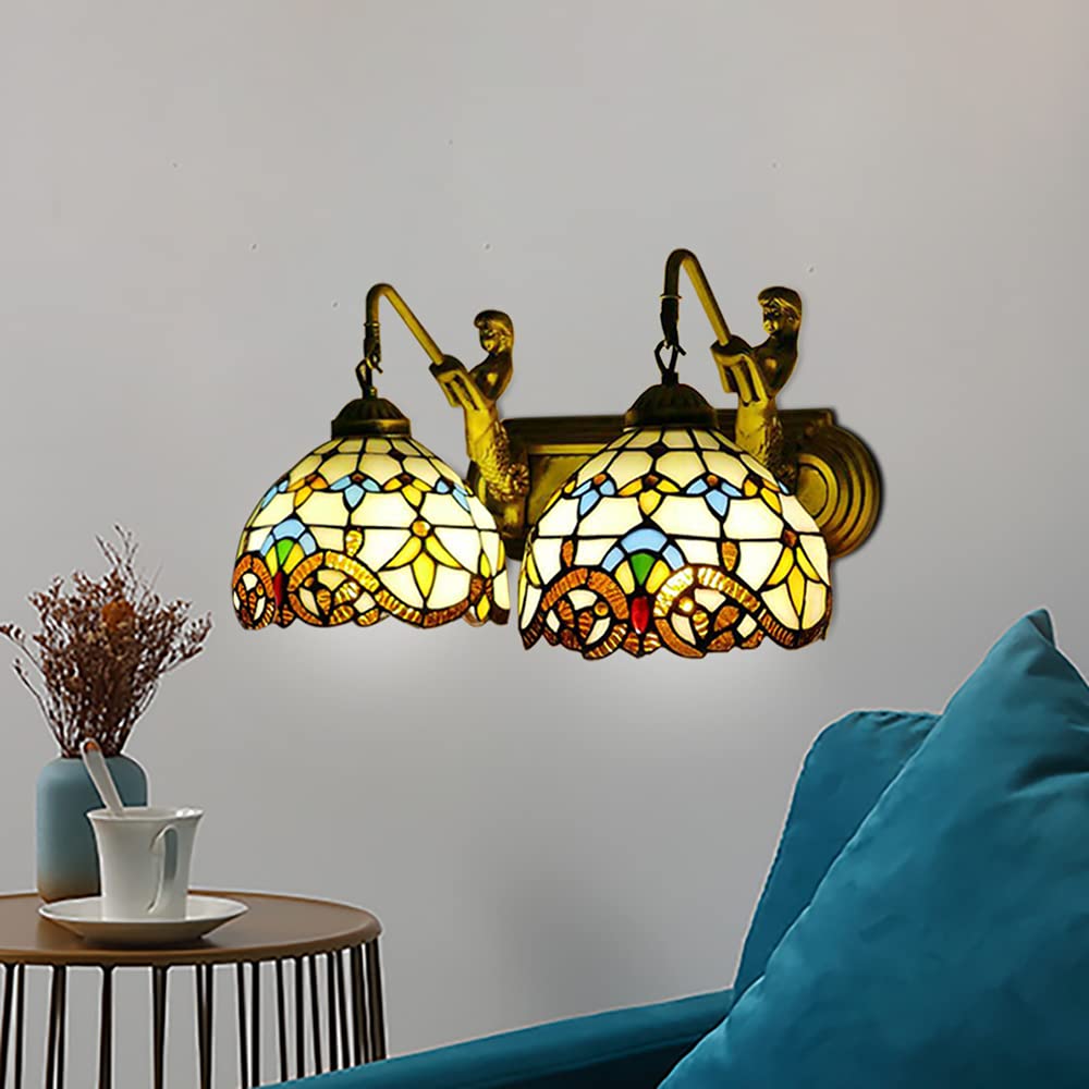 Synaiolma Tiffany Wall Sconce Lamp-Dual E27 Head, Glass Mirror Front Light Fixture W/Glass Lampshade,Mermaid Design/Dual Illumination Function