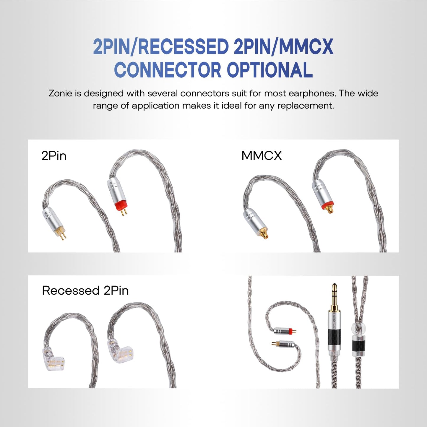 Linsoul Tripowin Zonie IEM Cable, 16 Core Silver Plated Earphone Upgraded Cords, 1.25m SPC in Ear Monitor Cable for ZS10 PRO 2 AS10 PRO ZSN PRO X