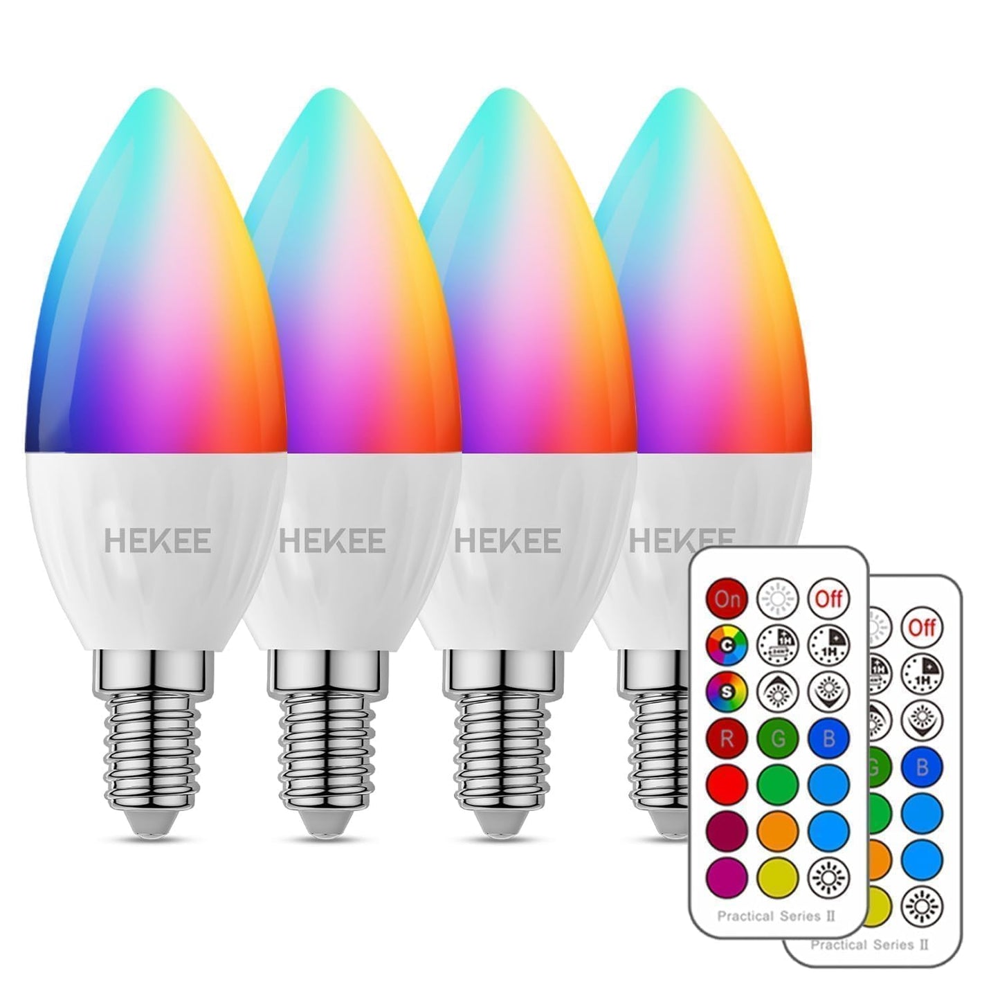 HEKEE E12 Candelabra Light Bulbs, 120V Color Changing Bulb with Remote, Plug-in Only, E12 Base, 12 RGB+2700K Warm White, 40W Equiv (5W), 450LM, Timer