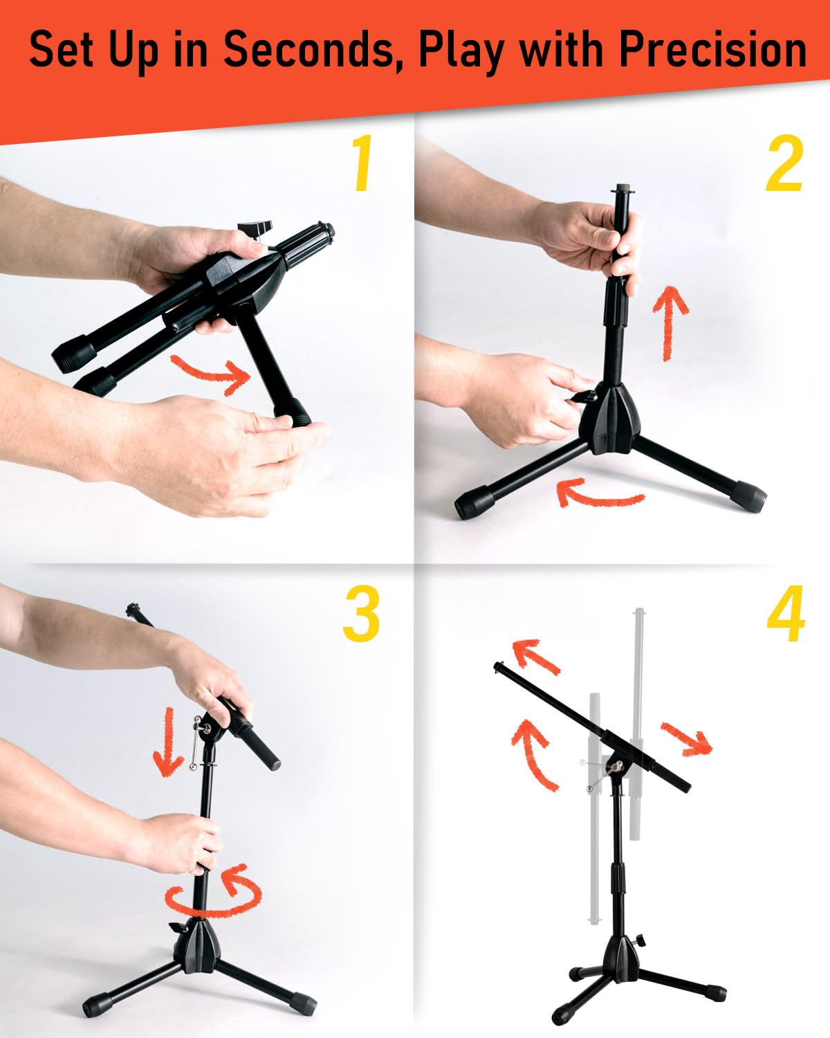 Stage Rocker Foldable Tripod Low-Profile Mic Boom Stand - Height Extending from 9.6'' to 16.9'', w/Adjustable Telescoping Arm Up to 9''