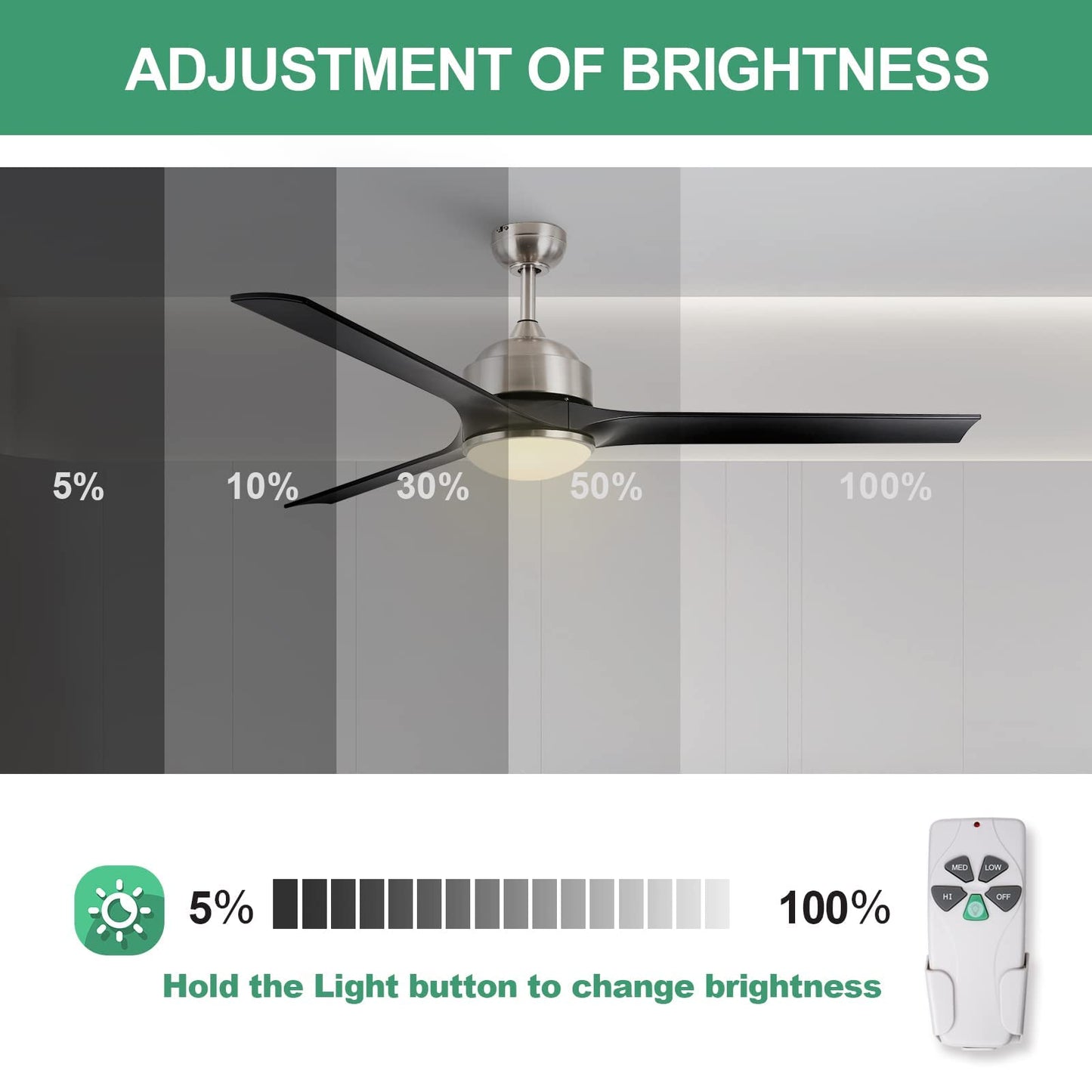 Homeybuff Ceiling Fan with Lights, 60-Inch, Brushed Nickel(3 Blades), Dimmable LED Light