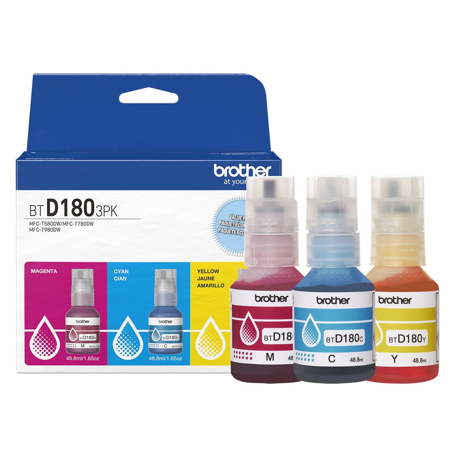 Brother Genuine BTD1803PK 3-Pack High Yield Cyan, Magenta, and Yellow Ink Bottles (for use with INKvestment Tank 580, 780, and 980 Printers)