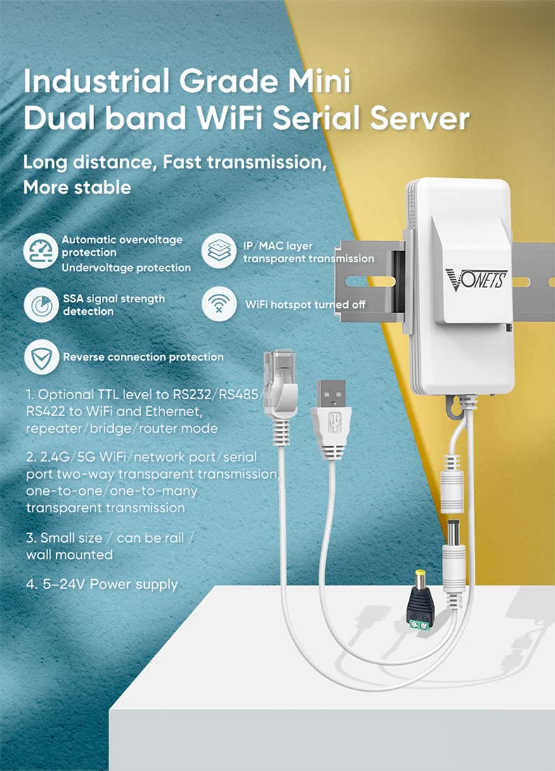 VONETS Industrial Dual Band 2.4GHz/5GHz WiFi Serial Port Server/WiFi Bridge Wireless Repeater Mini Router, WiFi Signal Extender Hotspot Cover