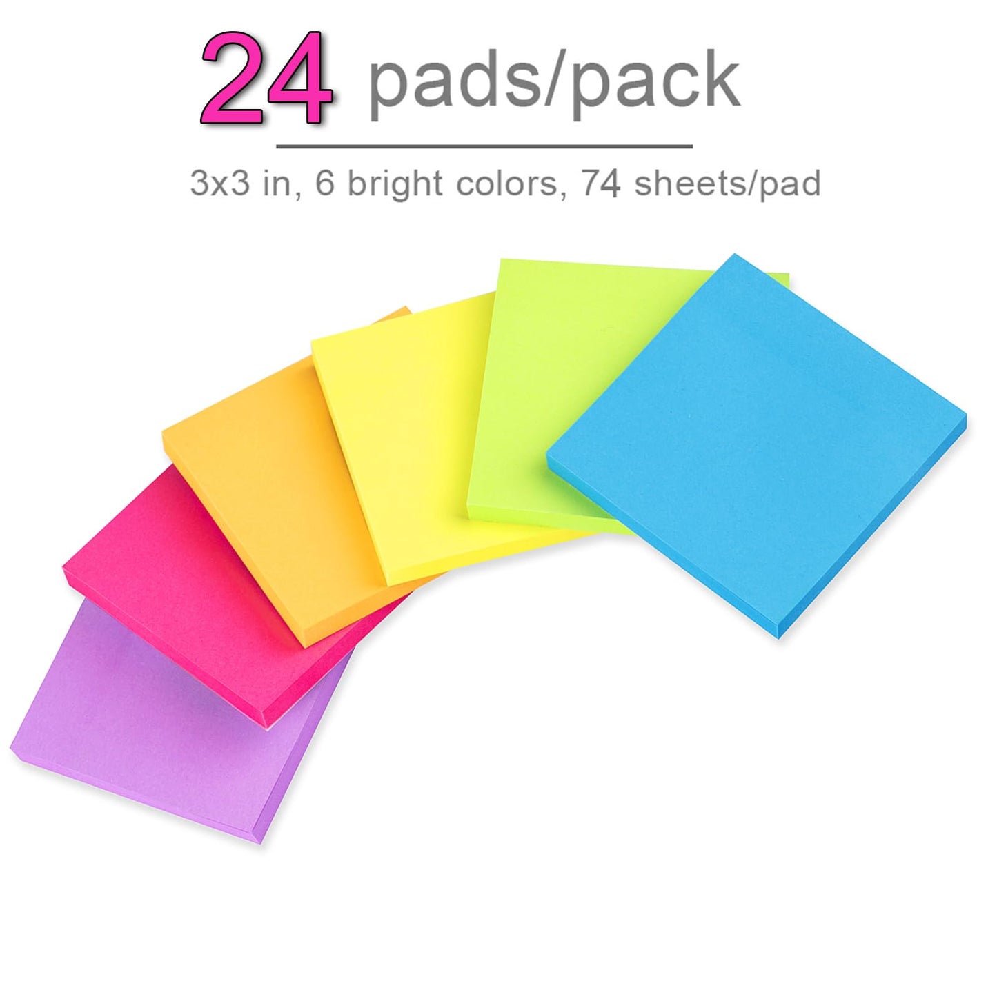 (24 Pack) Sticky Notes 3x3 in Post Bright Stickies Colorful Memo Pads