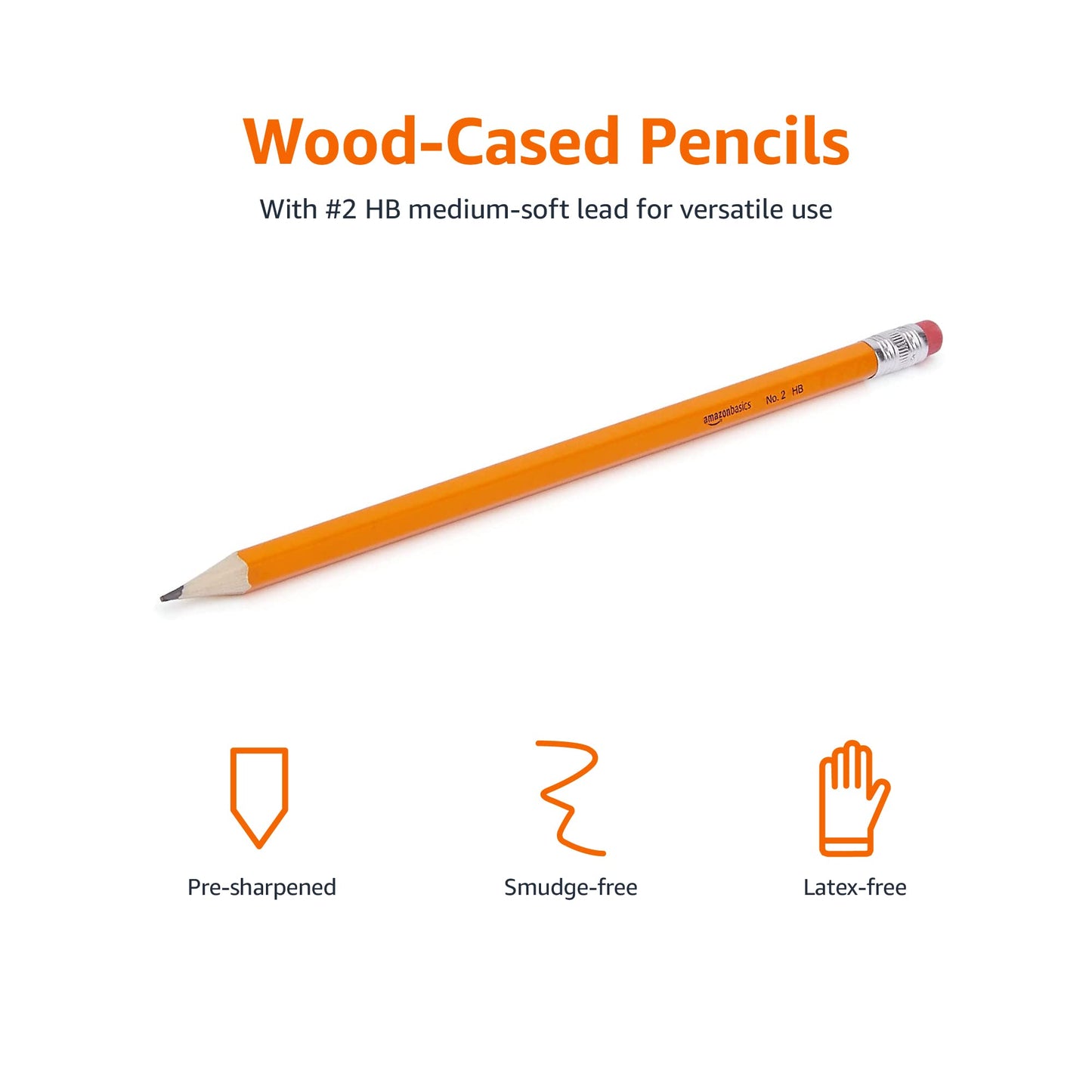 Amazon Basics Wood-Cased #2 HB School Pencils with Erasers for Writing and Drawing, Pre-sharpened, Soft Strong Lead, Orange, 30 Count