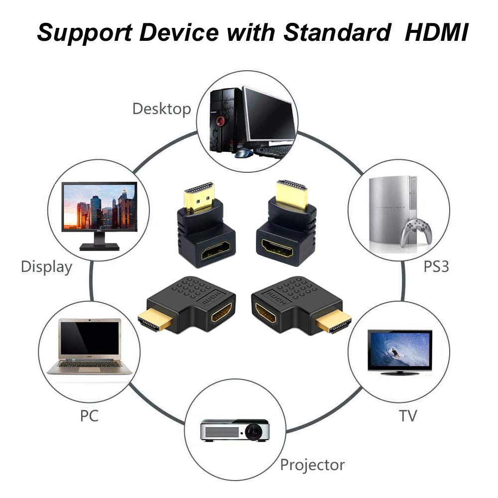 6Pack 3D and 4K HDMI Angled Adapter Combo 2 Pcs 90 and 270 Degree 4 Pcs Vertical Flat Left and Right 90 Degree Male to Female HDMI Adapter TV